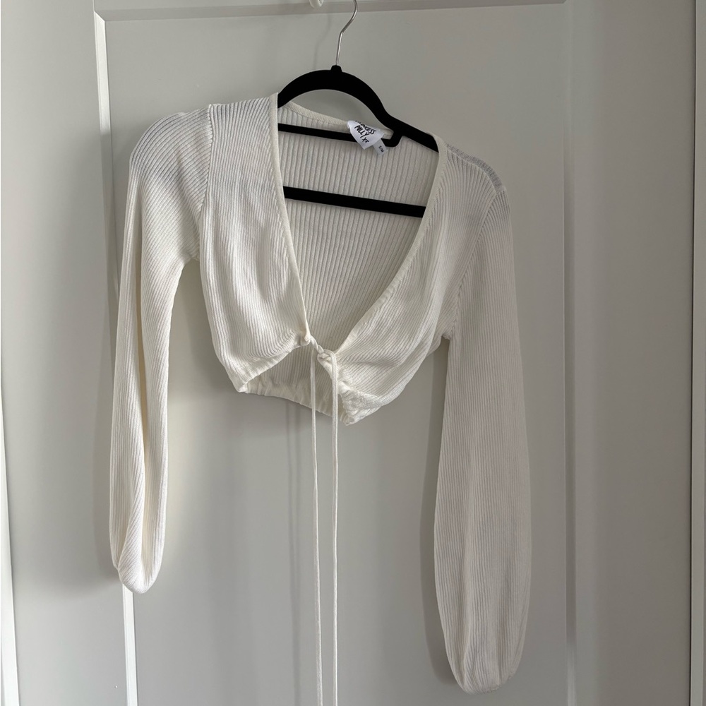 Princess Polly White Ribbed Tie-Front Long Sleeve Crop Top